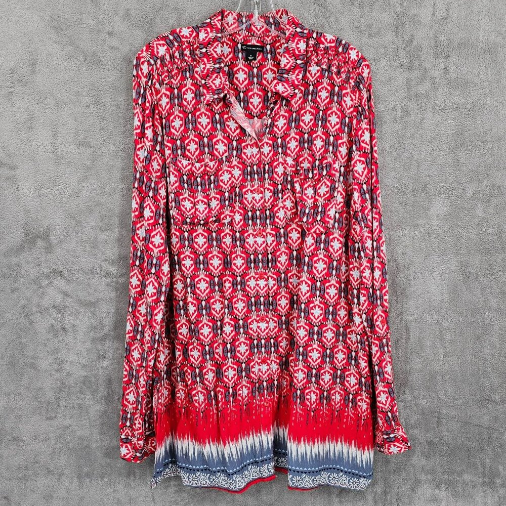 New Directions Button Front Tunic Camp Shirt XL Red White Blue Ikat Bandana New